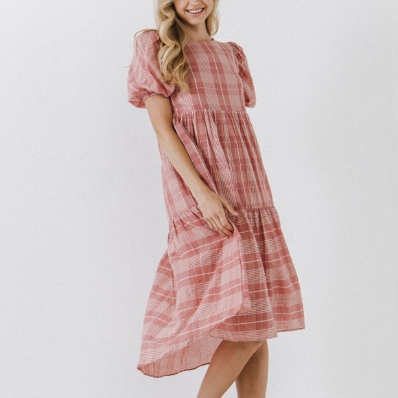 English Factory Puff Sleeve Plaid Midi Dress Pink - Picture 3 of 8